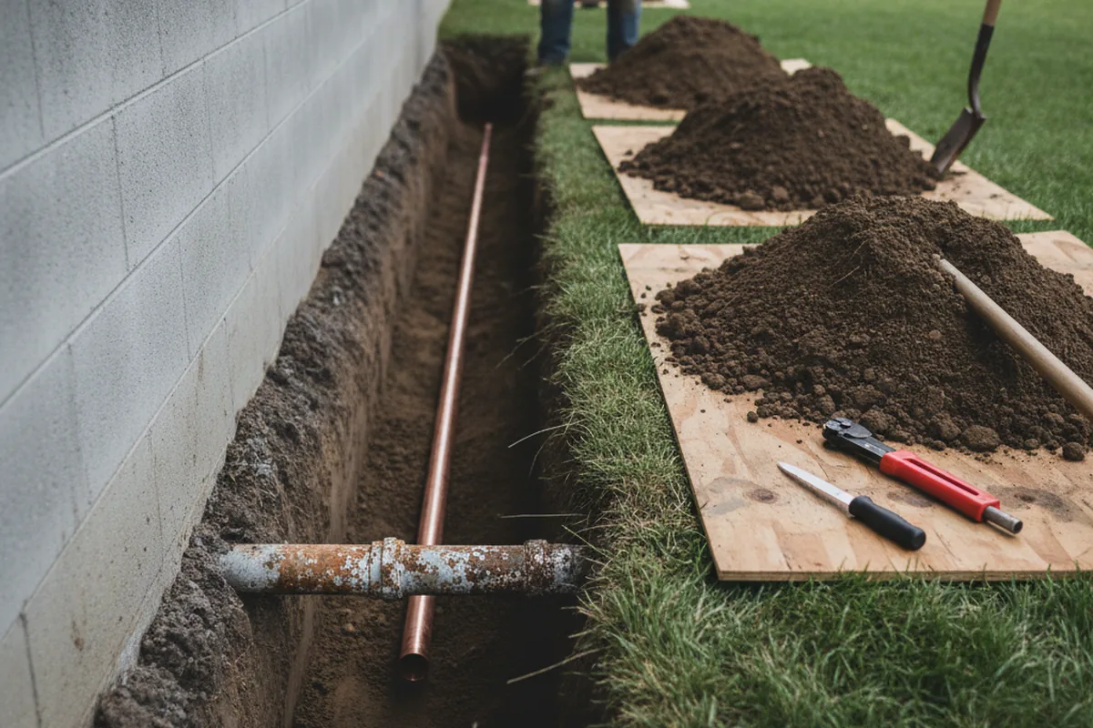 Excavated water line trench during Water Heater Repair in Owensville